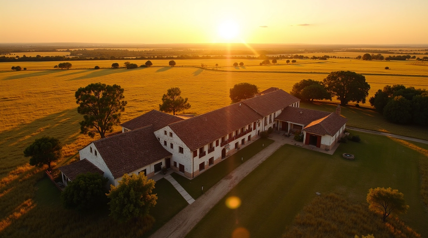 Vista aérea de una estancia colonial en San Antonio de Areco con campos de pampa