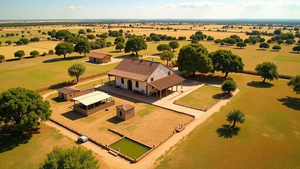 Vista aérea de estancia colonial completa, casa principal, patios, construcciones auxiliares, cercas, campos abiertos de la Pampa