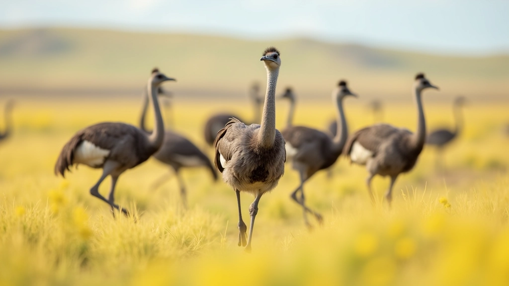 Grupo de ñandúes corriendo a través de la Pampa, aves grandes sin alas, movimiento dinámico