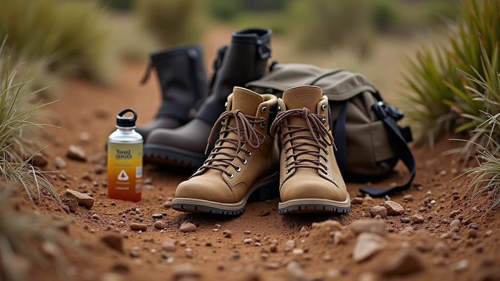 Detalle de botas de senderismo robustas sobre suelo de tierra con mochila pequeña y botella de agua al lado