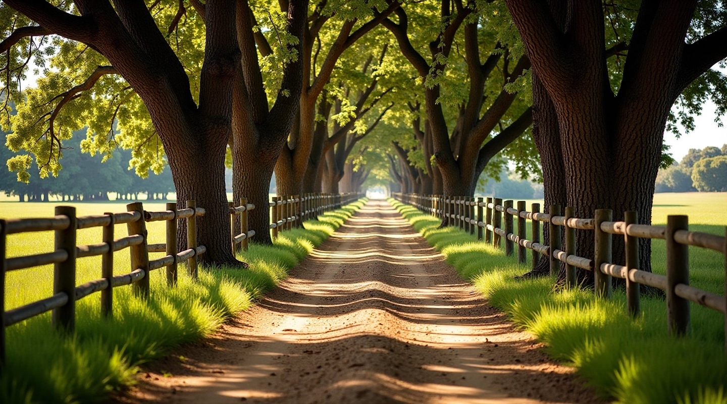 Sendero de tierra entre árboles antiguos en una estancia colonial con cerca de madera rústica a ambos lados