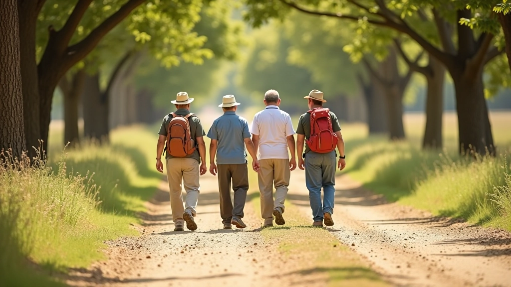 Grupo diverso de caminantes en un sendero sombreado entre árboles, disfrutando de la naturaleza de la pampa