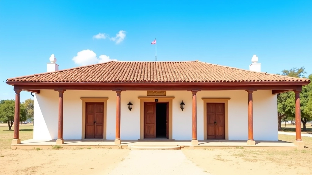 Fachada frontal de estancia colonial bien conservada, entrada principal con portón grande, galería con columnas, cielo azul de la Pampa