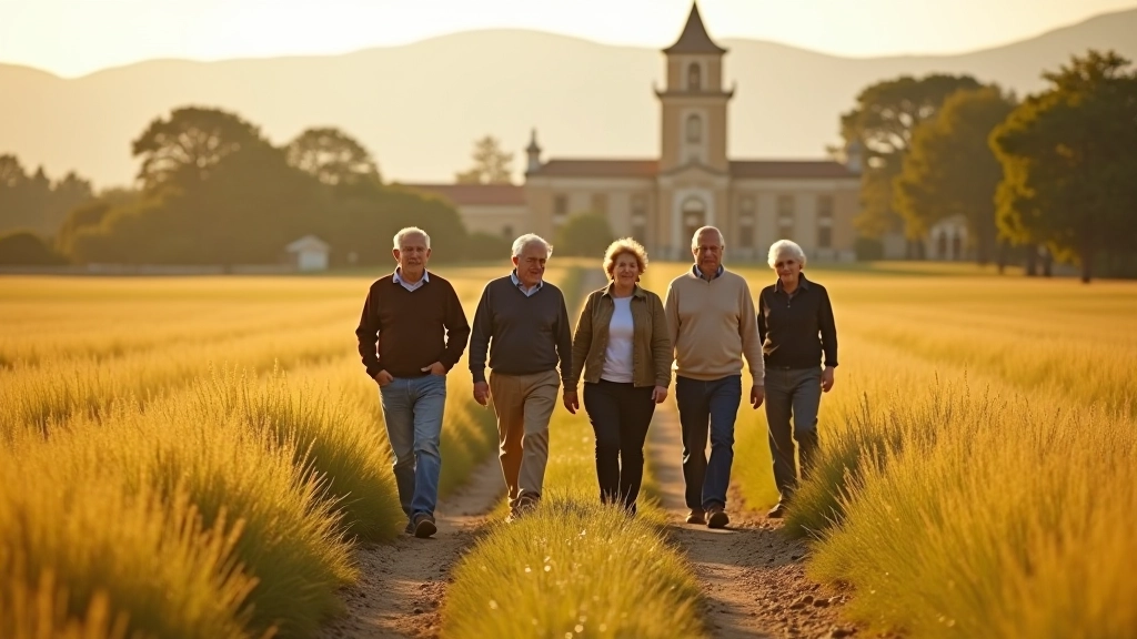 Grupo de personas mayores caminando por sendero en estancia con arquitectura colonial al fondo, mañana soleada