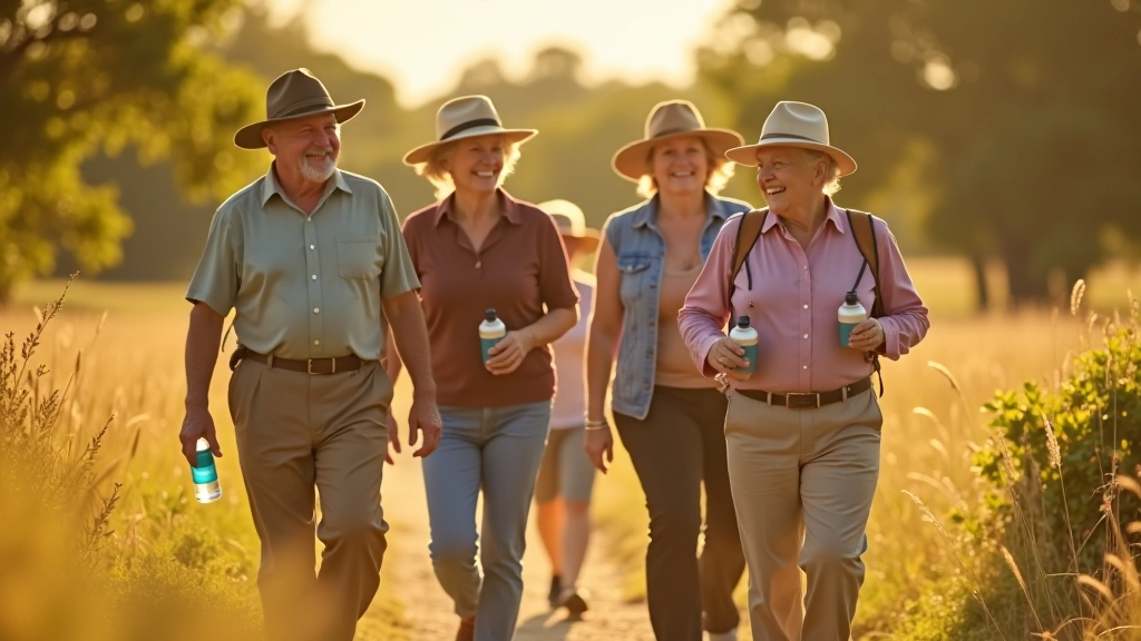 Grupo de personas mayores caminando en sendero, usando sombreros, botellas de agua, sonriendo, tarde soleada