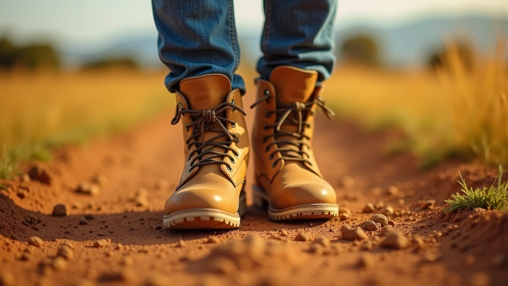 Primer plano de botas de senderismo en sendero polvoriento, con campo pampeano borroso de fondo, luz solar natural