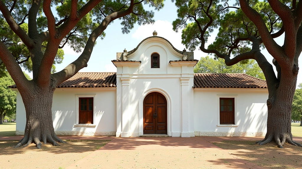 Fachada histórica de una estancia colonial con arquitectura característica de la región, rodeada de árboles grandes