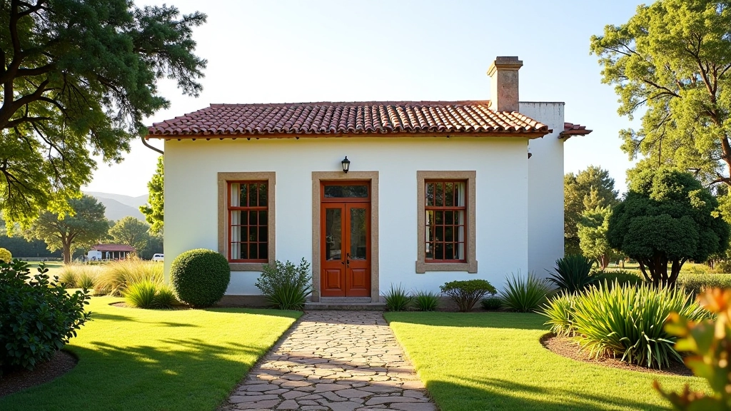 Casa histórica de estancia con arquitectura colonial, paredes blancas y tejas rojas, jardín frontal con plantas nativas