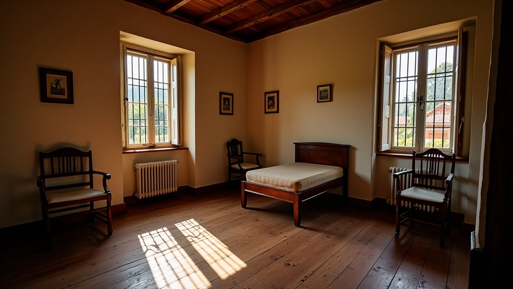 Interior de habitación colonial con muebles antiguos, pisos de madera, ventanas con rejas, luz natural, decoración histórica