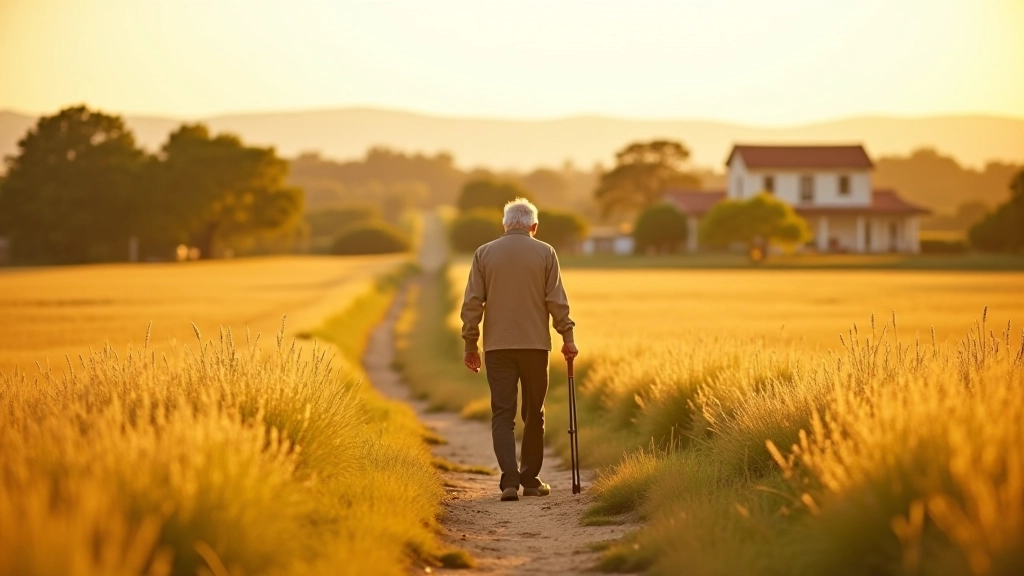 Persona adulta caminando por sendero rural en la pampa cerca de estancias coloniales