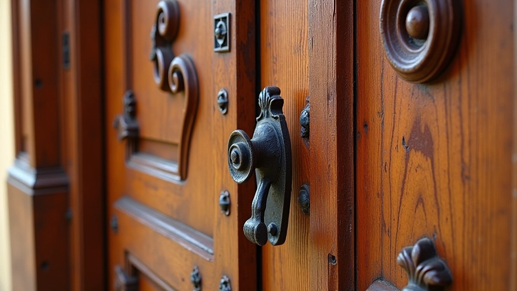Detalle de portón colonial de madera tallada, herrajes antiguos de hierro forjado, entrada a estancia histórica
