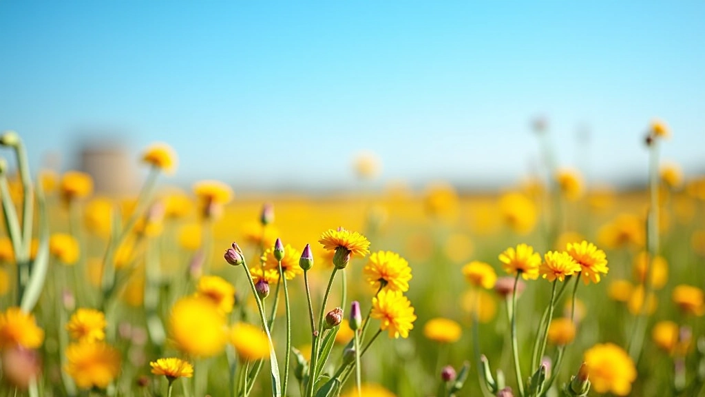 Campo de la Pampa con flores silvestres coloridas en primavera, margaritas y amapolas, cielo azul despejado
