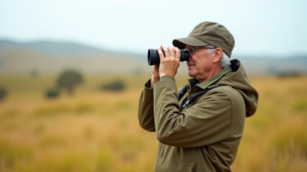 Persona usando binoculares en el campo para observar aves, caminante en la Pampa con equipo de avistamiento