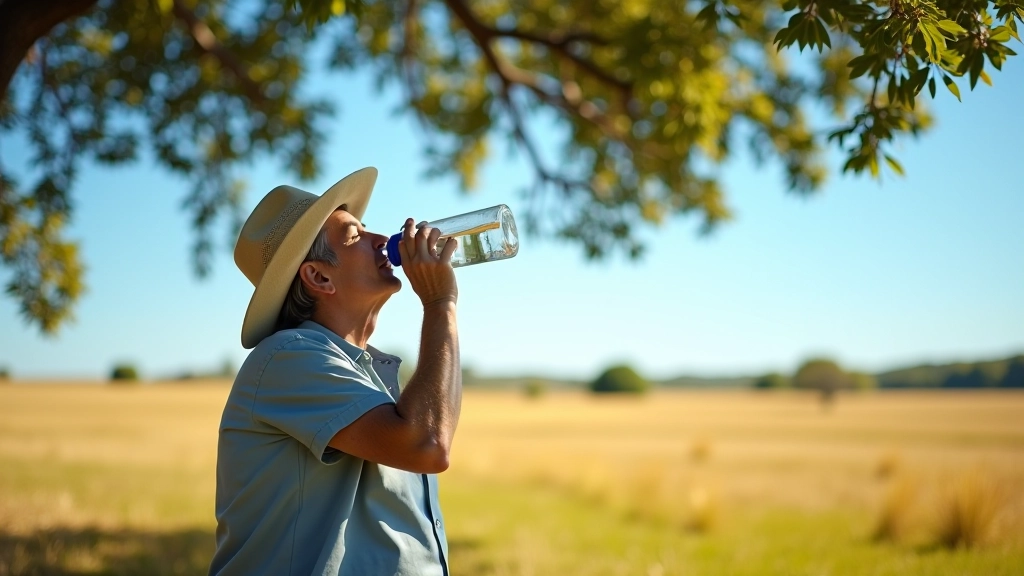 Excursionista bebiendo de botella de agua reutilizable en campo soleado, descansando bajo árbol, cielo azul claro
