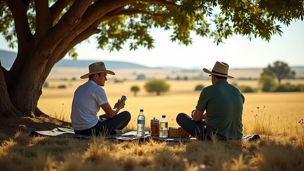 Grupo de excursionistas descansando bajo la sombra de árbol grande, comiendo snacks, en paisaje de pampa abierta