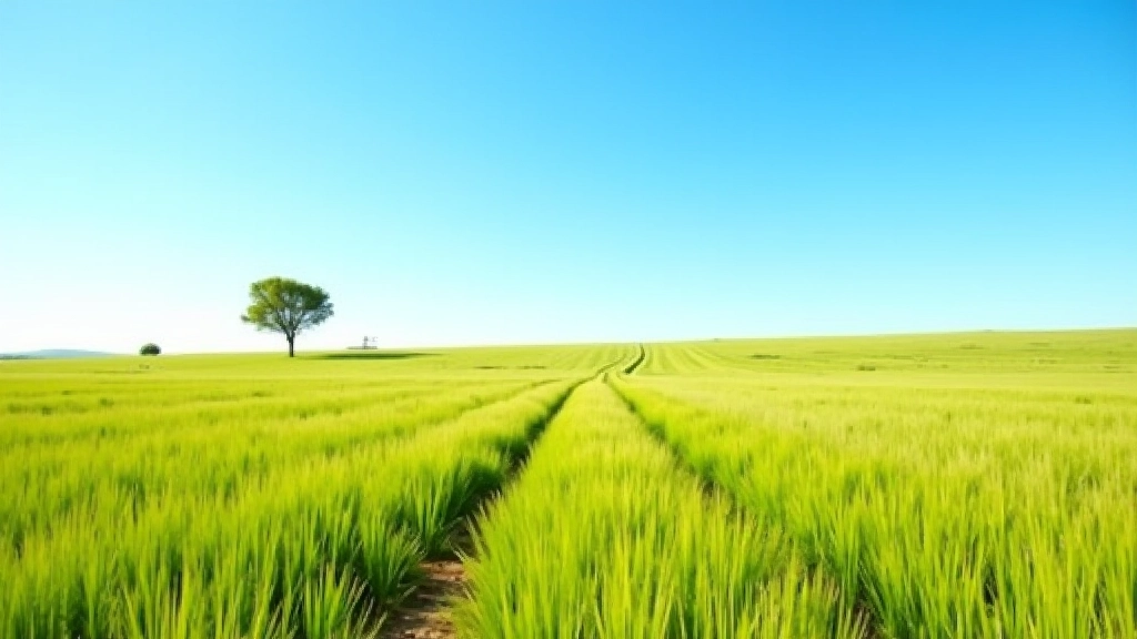 Paisaje pampeano amplio con horizonte despejado, pasto ondulante verde, árbol ombu solitario, cielo azul