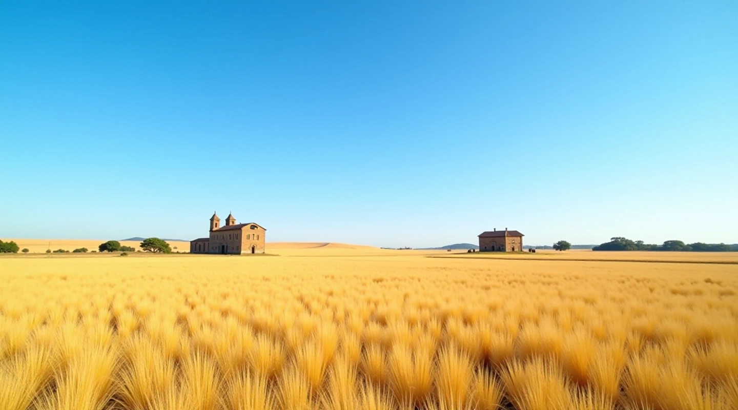 Vistas panorámicas de la pampa argentina con arquitectura colonial al fondo bajo cielo despejado