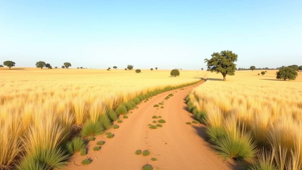 Vista panorámica de un sendero sinuoso a través de campos de la pampa con horizonte abierto y árboles dispersos